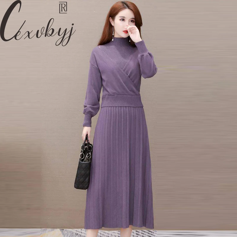 

Women Elegant Dress Set 2023 Autumn Winter Warm Pullover Sweater+Sleeveless Half High Collar Dress Knitted Two Peice Outfits