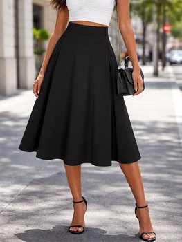 Women Wear to Work Swing Skirts for Women Elastic High Waist Button Front Knee Length Fit And Flare Pleated Skirt