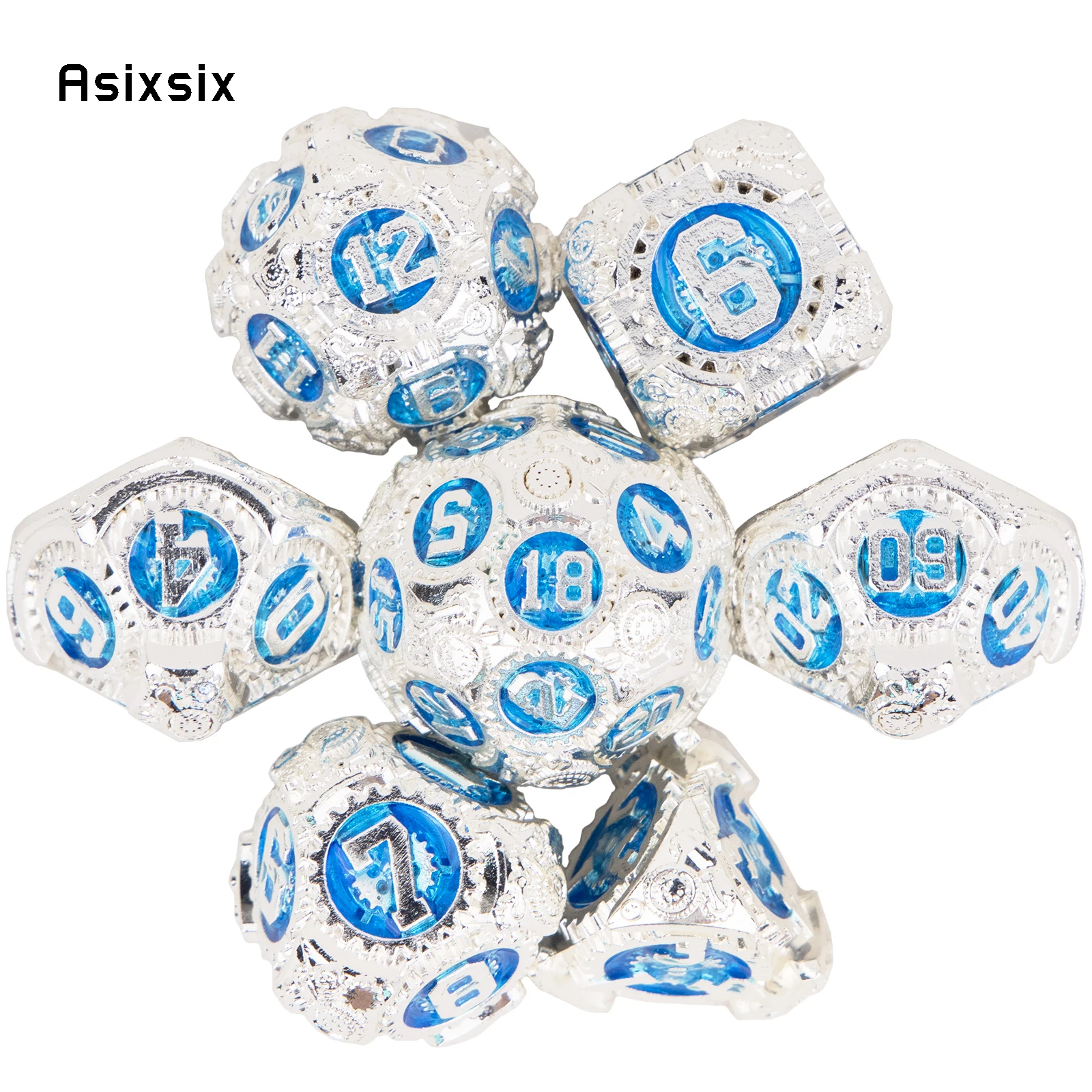 

7 Pcs White Blue Gear Wheel Metal Dice Solid Metal Polyhedral Dice Set Suitable for Role-Playing RPG Board Game Card Game