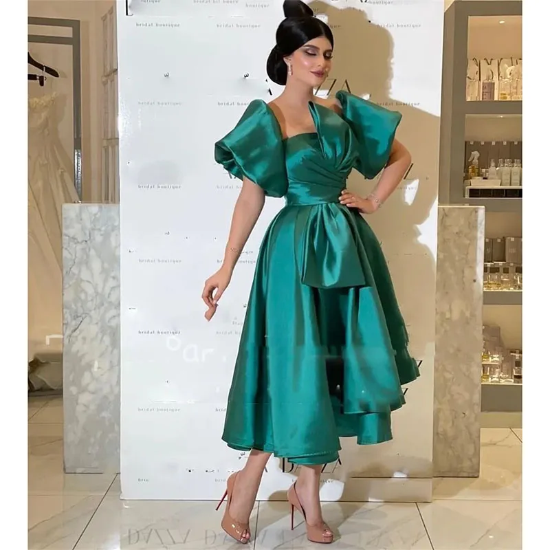

Saudi Arabia A-Line Prom Dresses Satin Short Sleeves Dubai Draped Pleats Ankle Length Formal Evening Party Gowns Custom Made