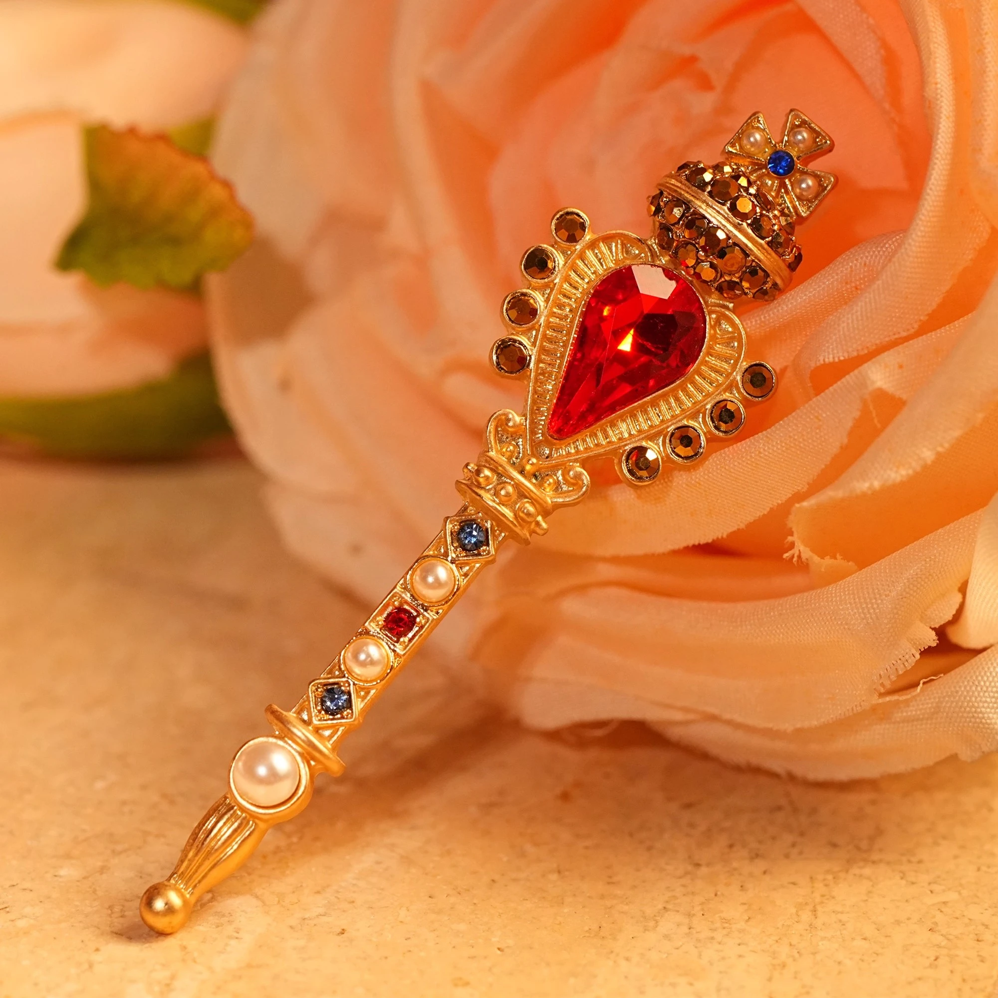 스케즈 퀸즈 셉터 에나멜 풀 라인스톤 크라운 브로치 빈티지 궁전 스타일 정교한..