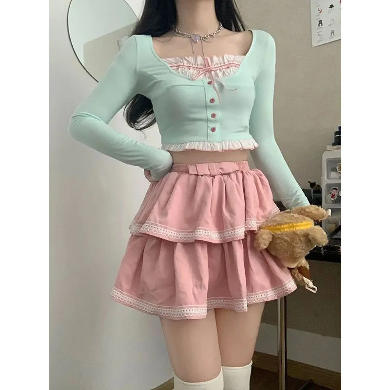 Sweet Lolita Style Skirt 2-Piece Set For Women 2000 Short Knitted High Waist Pink Mini Cake Skirt Retro Clothing Japanese Suit