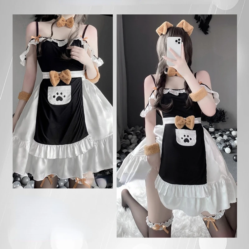 Women Lingerie Animal Cosplay Costume Strap Off Shoulder Women Maid Dress With Apron Backless Bow Sexy Puppy Cute Bear Lingerie