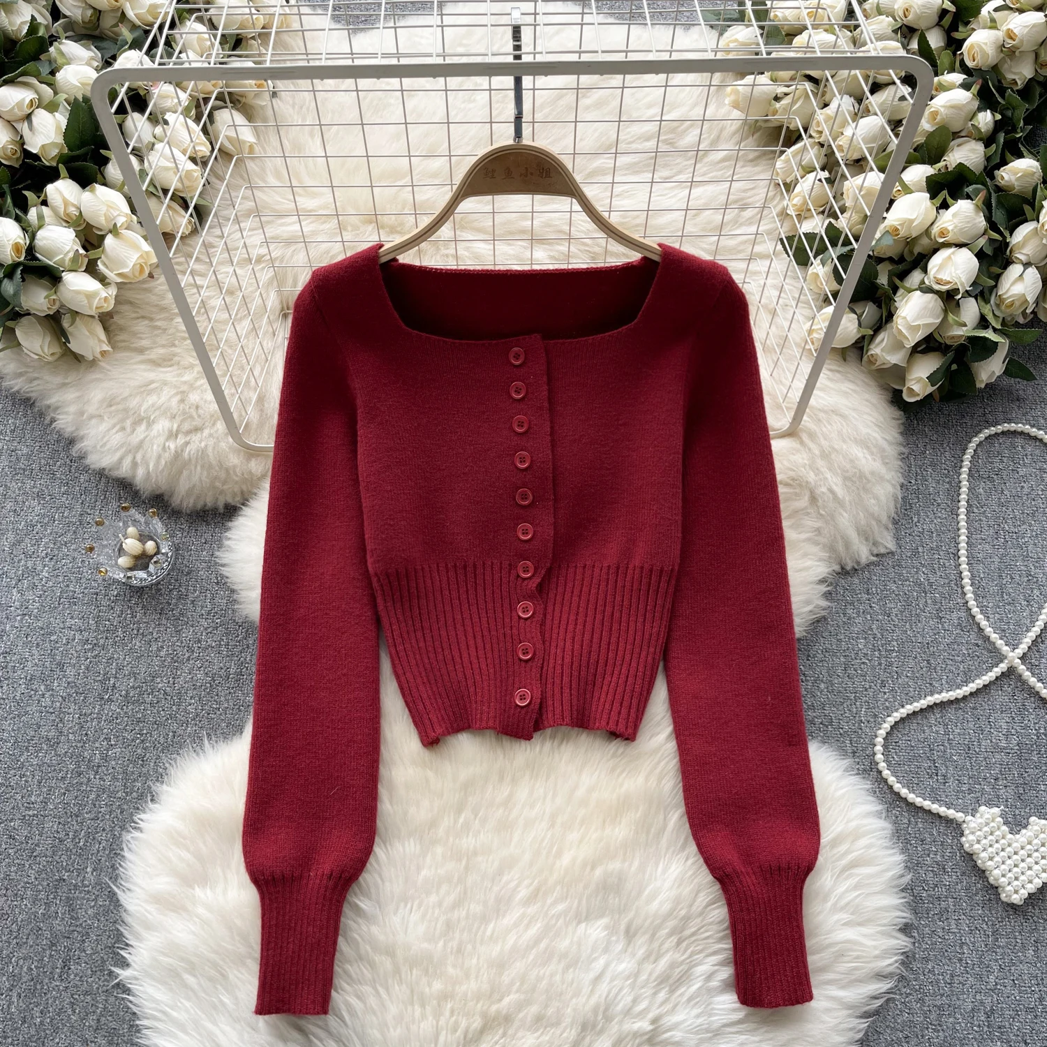 

Red Women Knitted Cardigans Sweater French Square Collar Single Breasted Slim Tops Solid Simple All-matched Female Sweater