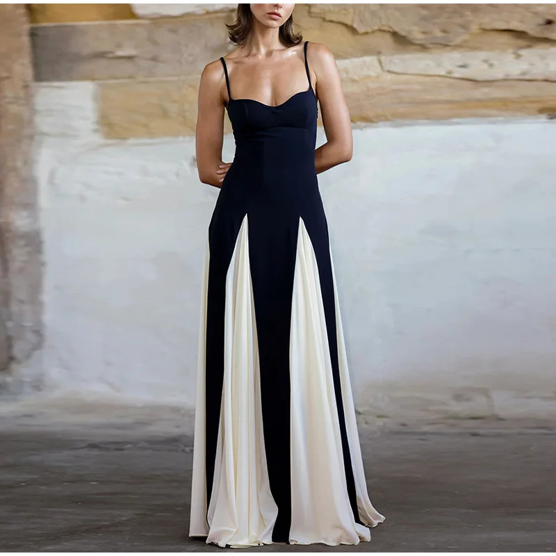 Fashion Patchwork Strap Maxi Dress Women Sexy Sleeveless Backless Female Sling Dresses Summer New Party Lady Robe