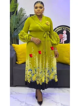 ANLAN Miyake Pleated Plus Size Women's Fake Two-Piece Dress Long-Sleeve Appliqué Flower High Streched Elegant Work Clothing 7A19 1