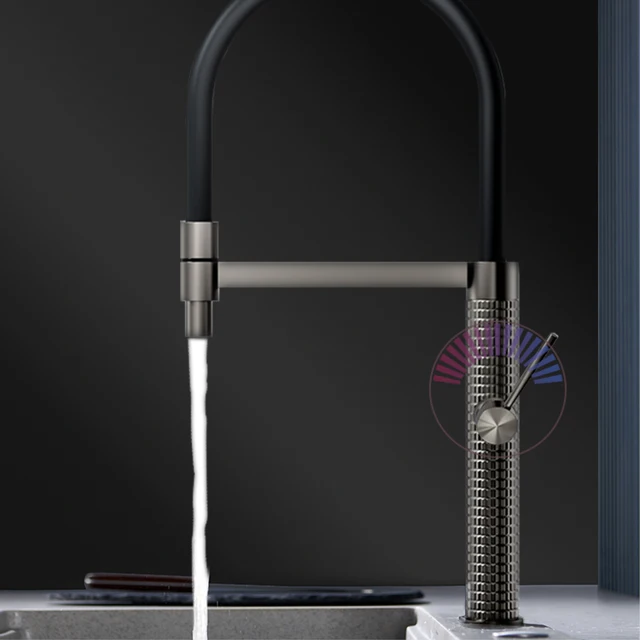 Aitana Gun ก๊อกน้ำสำหรับห้องครัวทองเหลืองหรูหราสีเทา, มือจับเดี่ยวการควบคุมคู่เย็นและร้อนดีไซน์ทันสมัยก๊อกน้ำอ่างล้างจานสีดำแบบเรียบง่าย 2