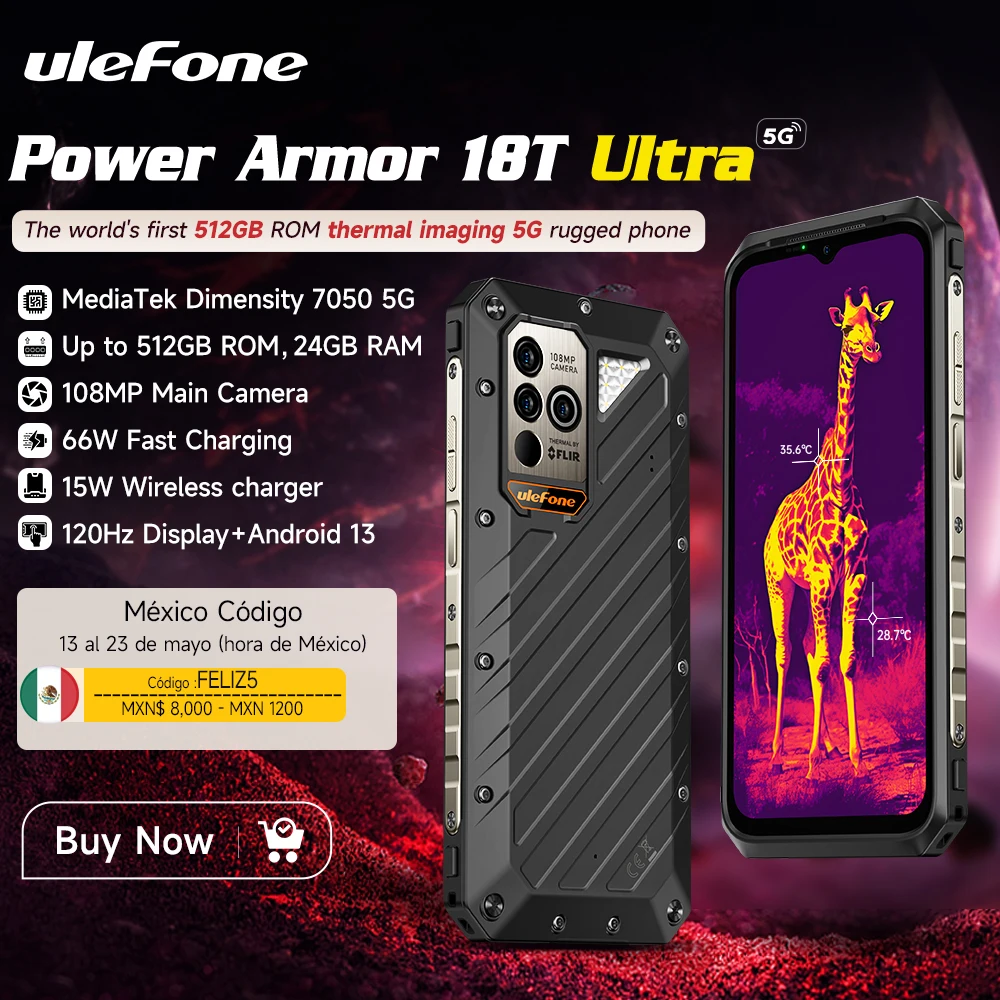 [Estreno mundial] Teléfono resistente Ulefone Power Armor 18T Ultra 5G 512 GB de ROM + 24 GB de RAM Cámara de imágenes térmicas Teléfono inteligente FLIR® 9600 mAh 66 W, NFC, carga inalámbrica de 15 W, 108 MP, teléfono