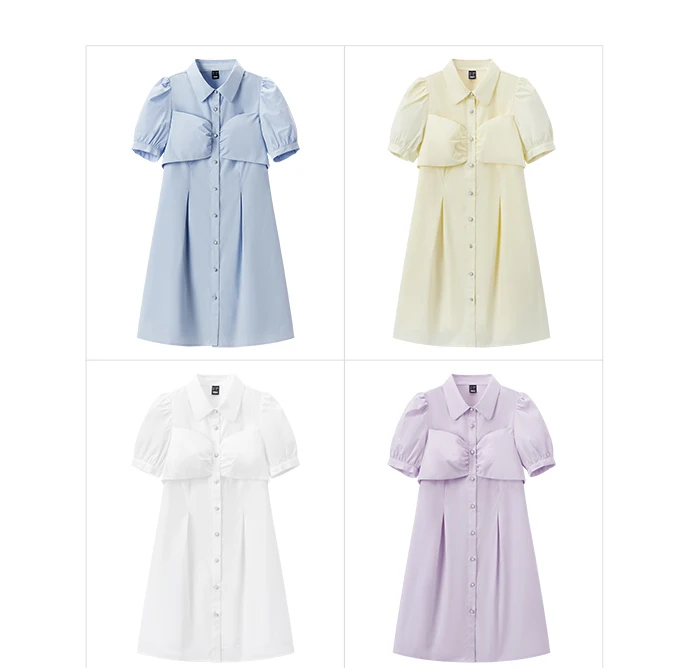 Dress Women Puff Sleeves Sweet Gentle Summer New Temperament Solid Color Exquisite Shirt Dress