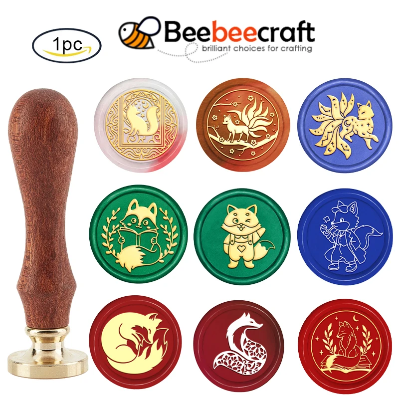 여우 달 왁스 도장 스탬프, 이동식 황동 씰링 스탬프 헤드 교체, 봉투용 빈티지 나무 손잡이 포함, 30mm, 1 개 