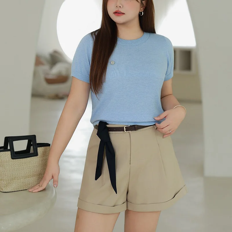 Women's Plus Size Knit Top Premium Ice Silk Wool Blend Short Sleeve T-Shirt Casual Tees Camellia Metal Buckle Decoration Summer