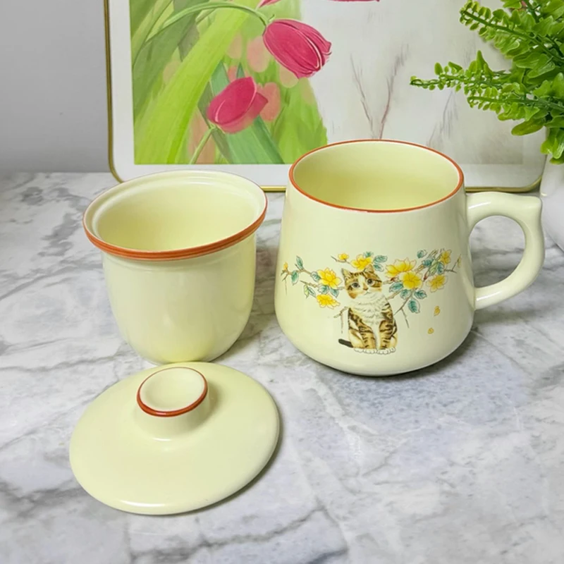 Chinese Style Ceramic Cartoon Floral Pattern Mug, Personal Creative Teacup, With Cover Filtered Tea Water Separation, 350ml, 1Pc