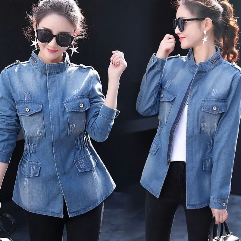 

NicePop Spring Autumn Denim Jacket Coat Women zipper Full Sleeves Vintage Windbreaker Female Med long Jean Jacket OuterwearTops