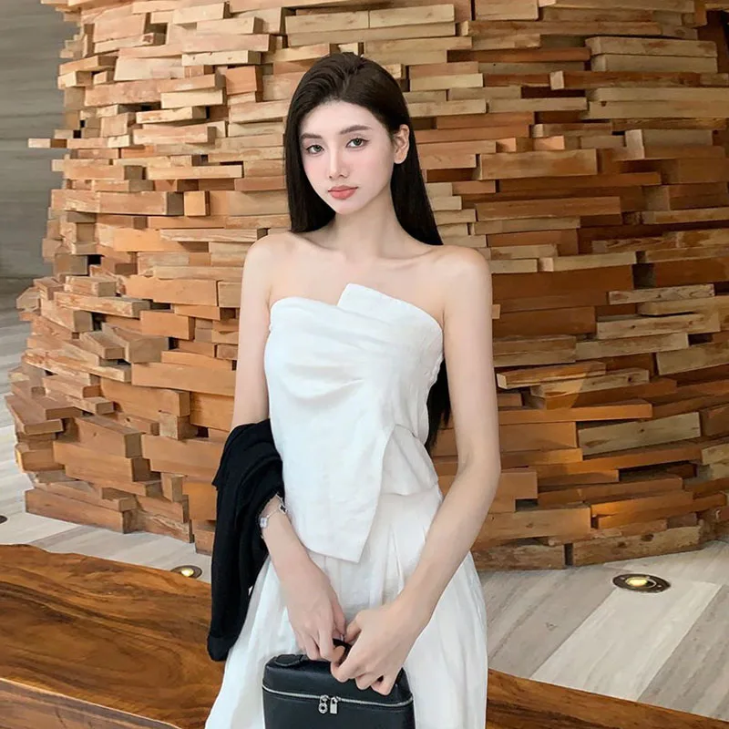 Sexy Trendy White Texture High Waist Wide Leg Pants Set Women's Summer Irregular Pleated Wrap Chest Top And Bot Ensemble