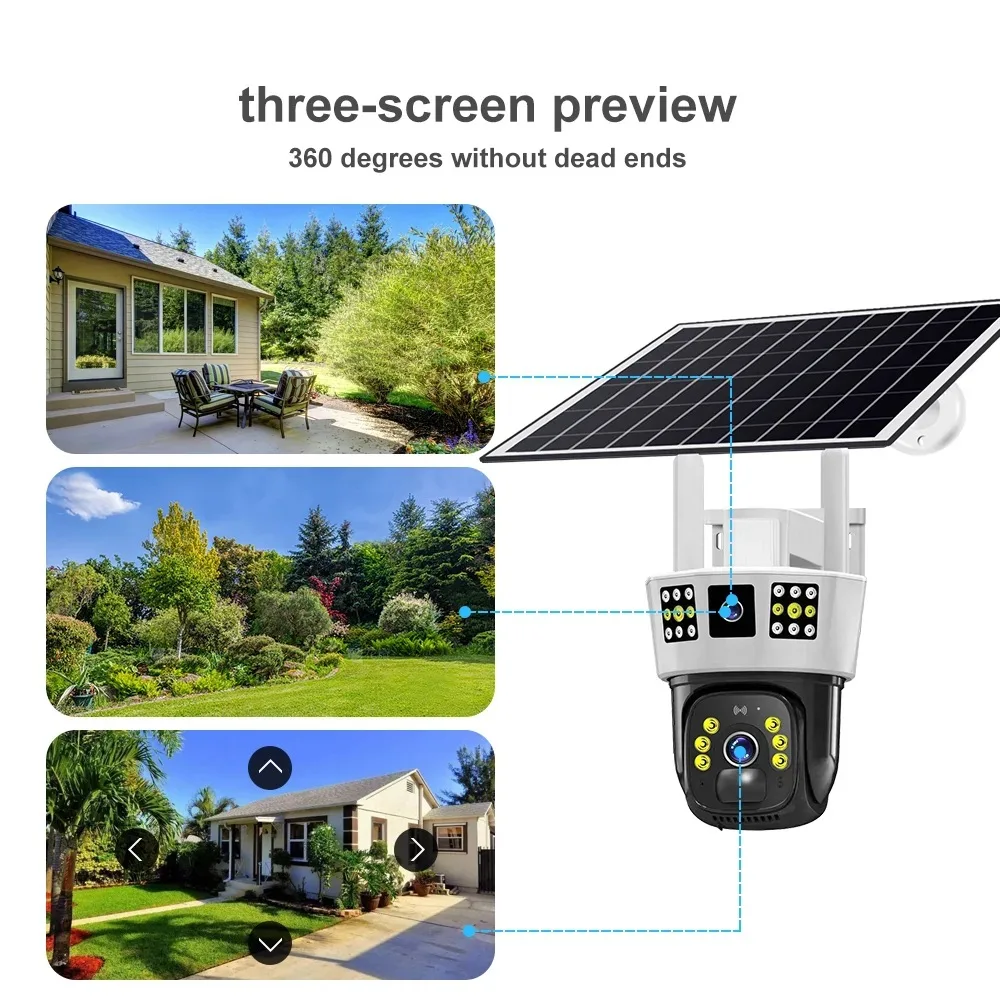 Saikiot 3 Screens Dual Lens V380 Pro 12MP 6K PTZ 4G Solar Powered CCTV Security Camera 360 Outdoor Waterproof Solar Camera WIFI