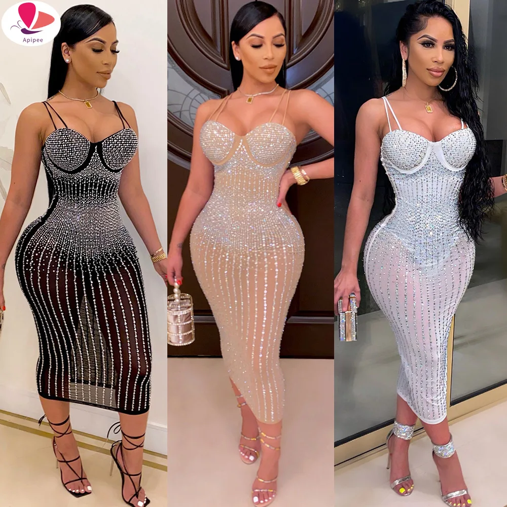 

Sexy Sequin Glitter Crystal Midi Dress Vestido Women Sleeveless Strap Bodycon See Through Party Club Dresses