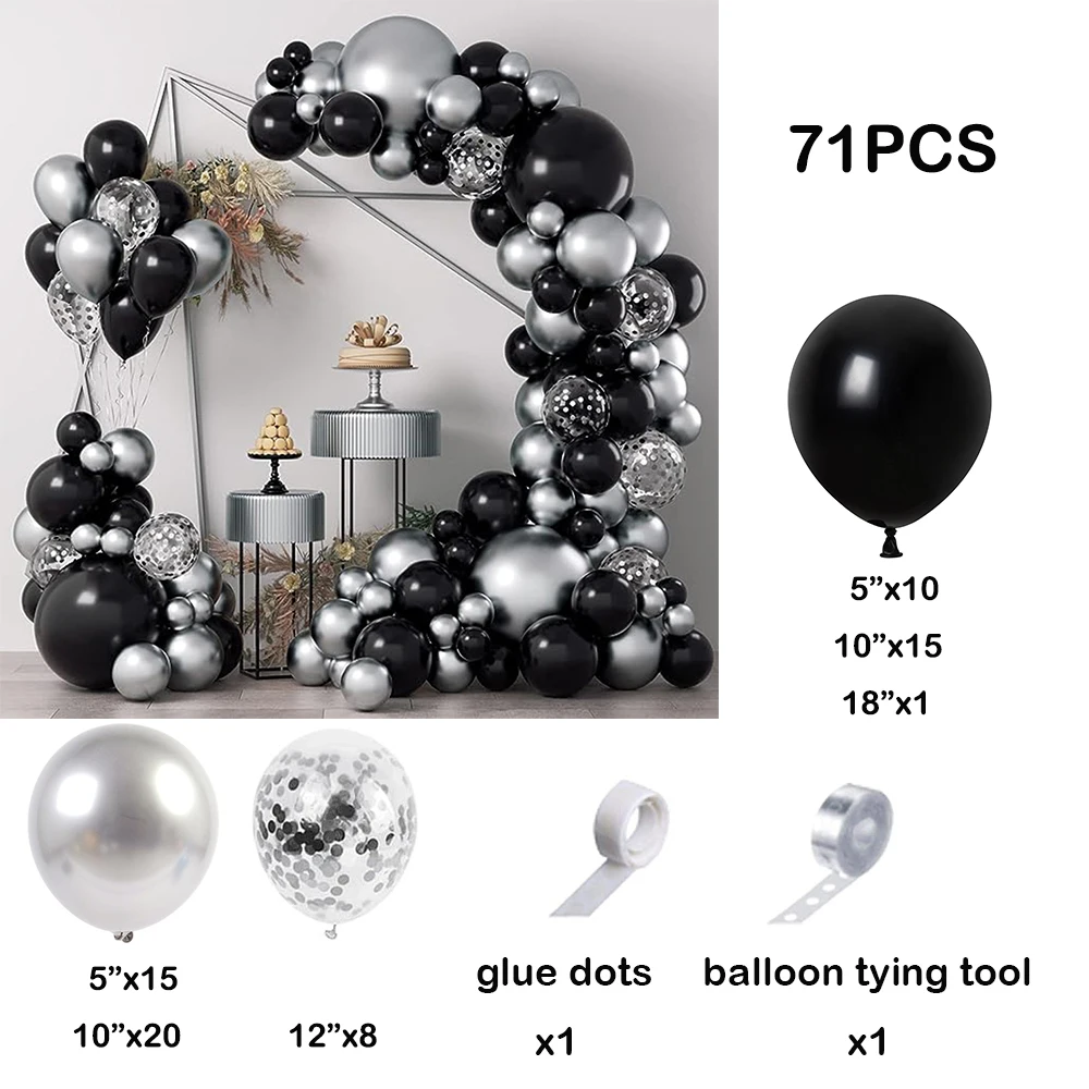 thumbnail image 1 of Kit de arco de guirnalda de globos negros, confeti plateado metalizado, globos de látex, suministros de decoración para fiestas de cumpleaños infantiles y bodas, 1 of 4