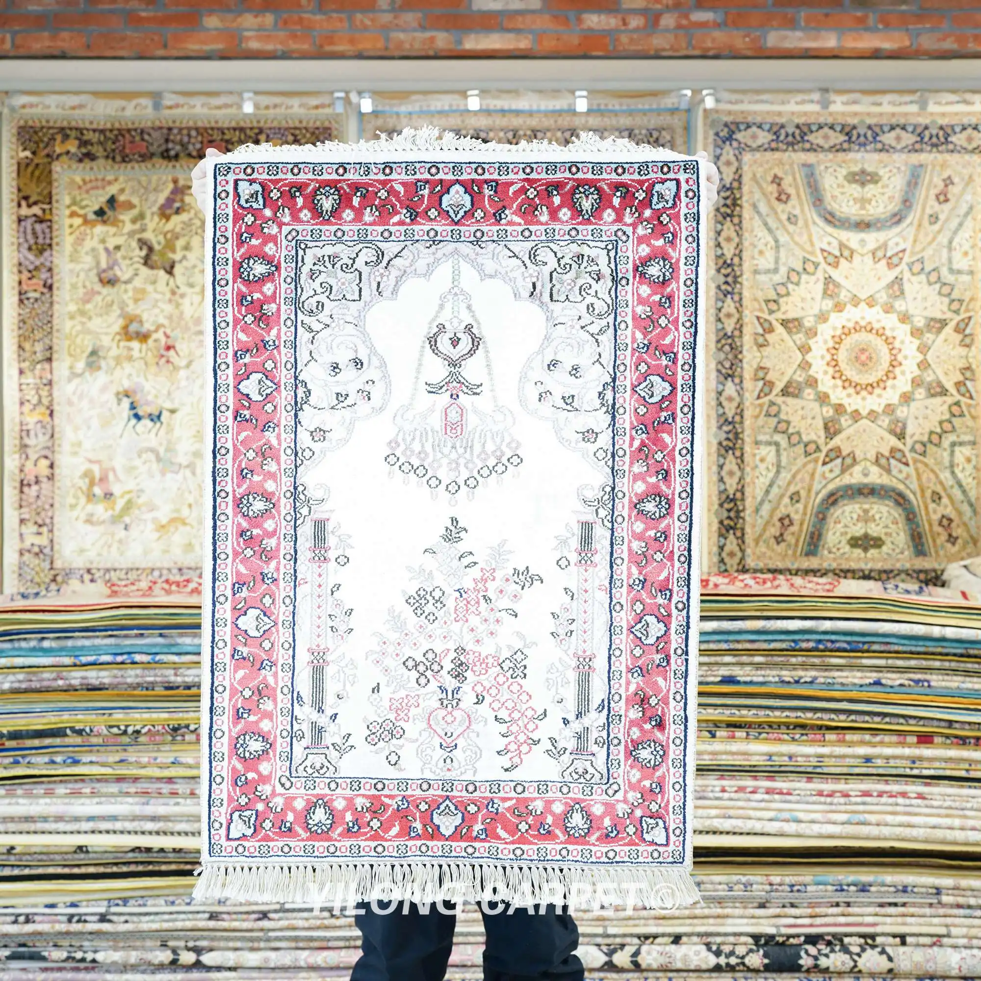 61x91cmOrientalSilkCarpetHandmadeExquisitePersianPrayerRedRugs