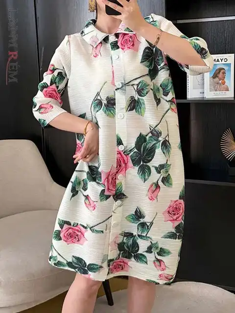 LANMREM French Flower Printing Women's Pleated Dress Fashion Three Quarter Sleeve Single Breasted Cardigan Dresses 2025 2DE165