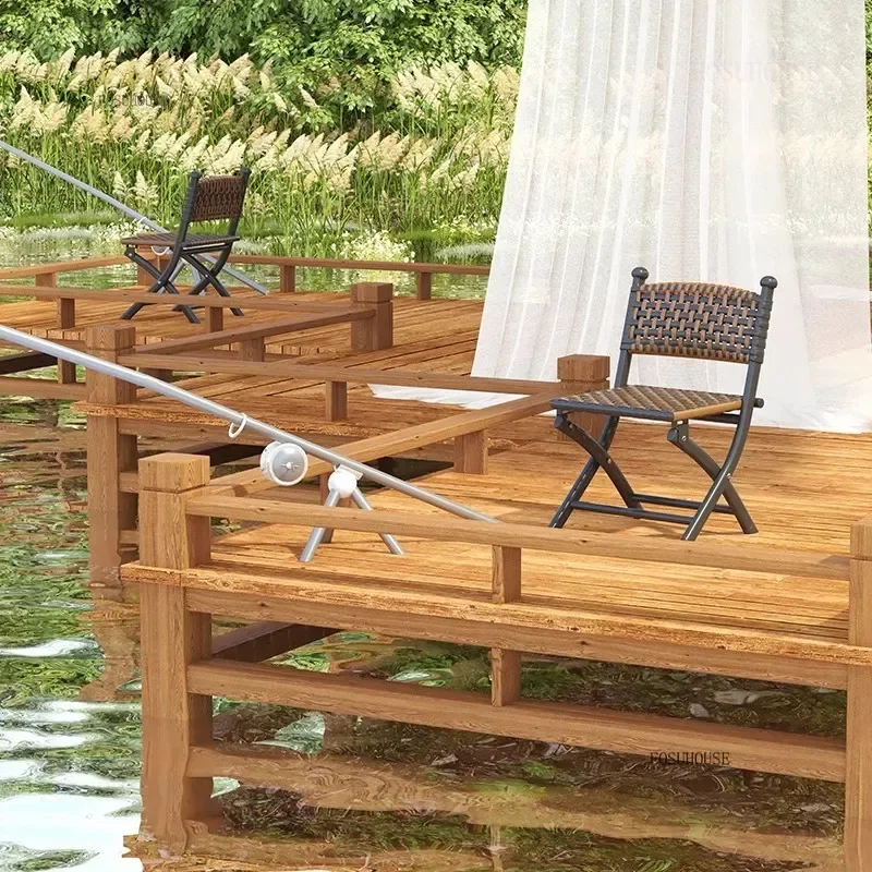 Japanese Leisure Garden Chairs for Courtyard Folding Backrest Chair Light Luxury Single Rattan Garden Furniture Sets for Fishing
