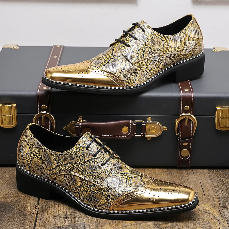 Snakeskin Grain Formal Leather Oxfords for Men Dressing Wedding Brogues Office Shoes Lace Up