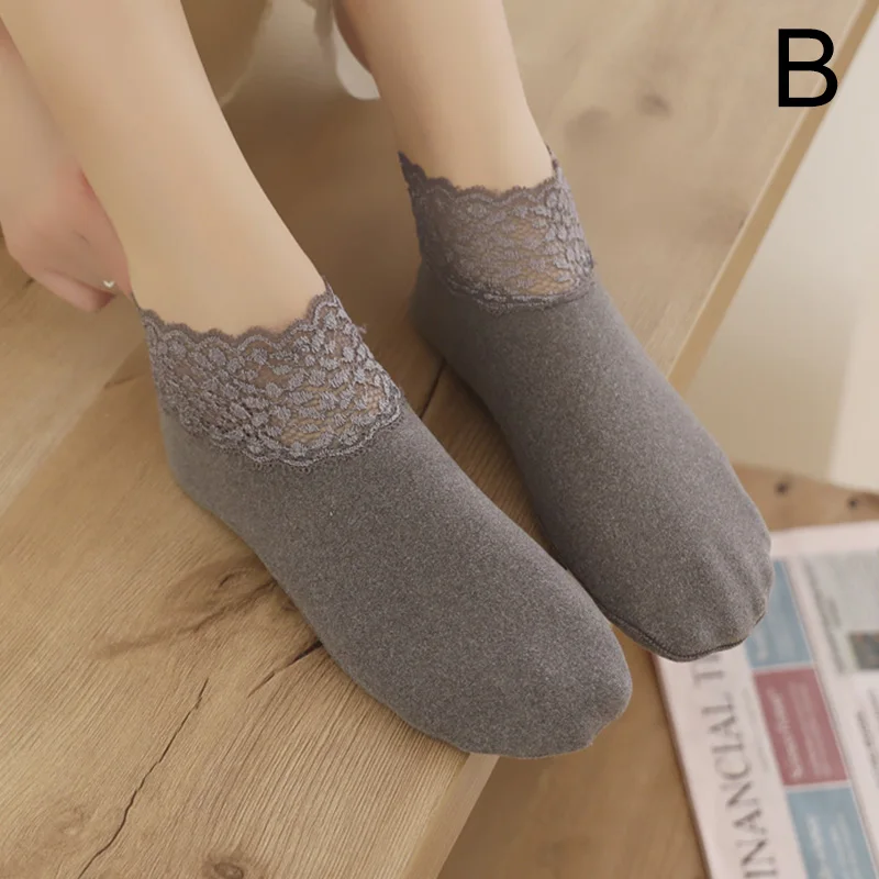 Description Picture 4 of itemWomen Low Lace Tube Thermal Socks Vintage Cute Thick Plus Velvet Warm Home Floor Socks Autumn Winter Anti-slip Sock Slippers