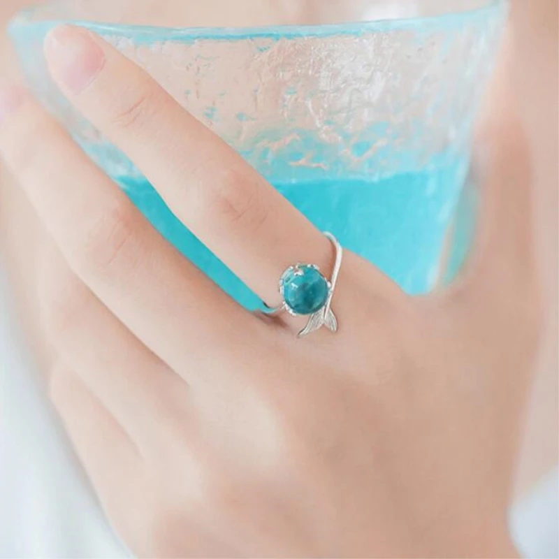 WYEAIIR 925 Sterling Silver Mermaid Blue Crystal Fish Tail Whale Resizable Opening Ring For Women Luxury Jewelry 3