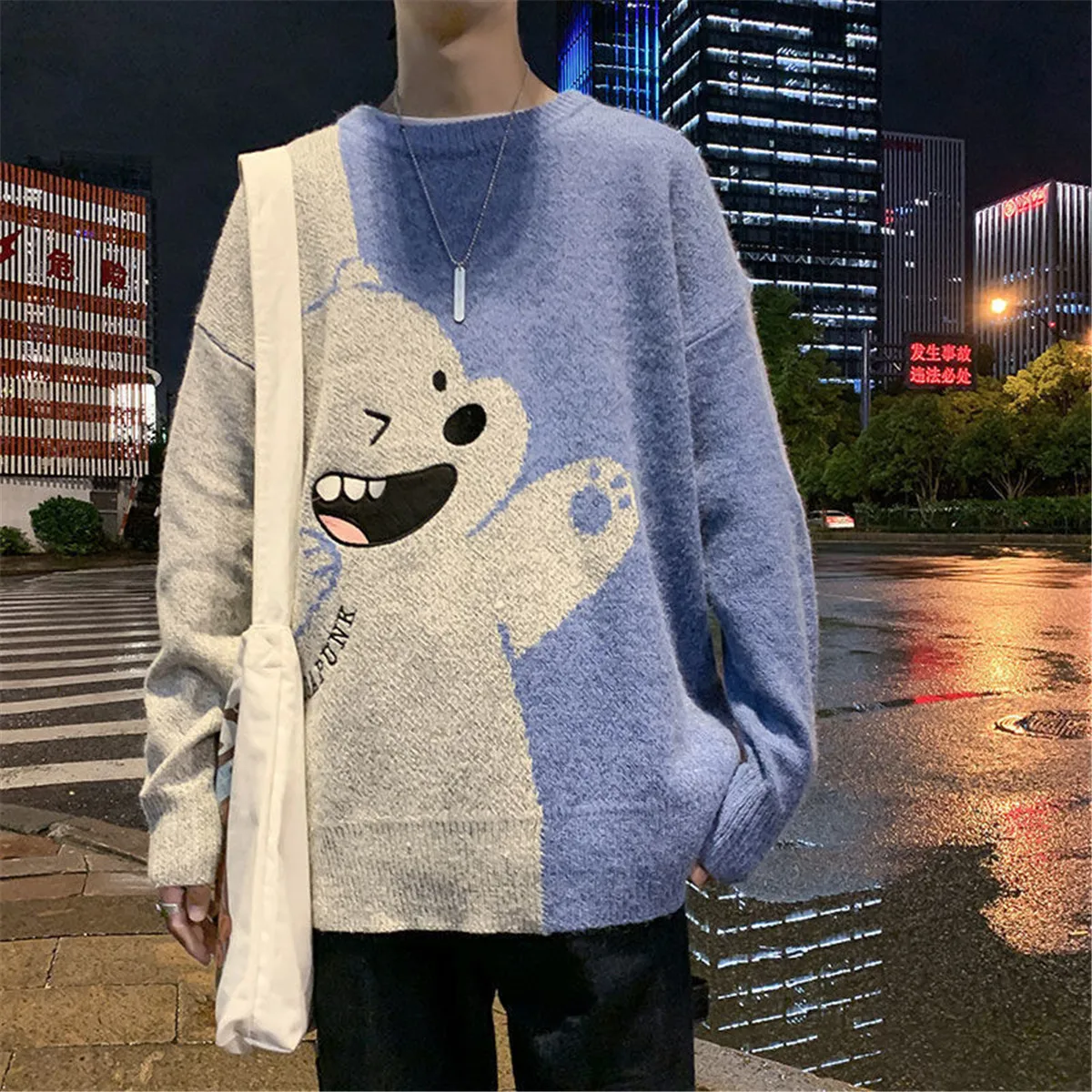 

Fashion Bear Print Sweater Jumper Winter Sweater Streetwear Hip Hop Long Sleeve Knitwear Sweater Loose High Street Tops Boys