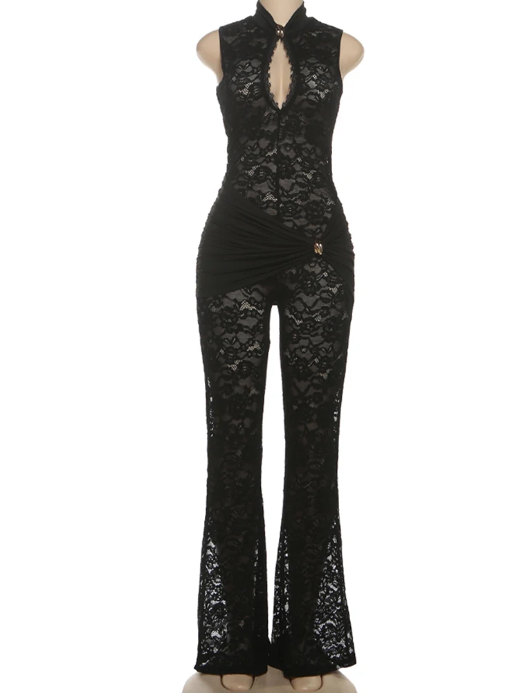 Nibber Streetwear Patchwork Jacquard Jumpsuit Woman Sexy Ruched Waist Metal Knot Stretch Skinny Midnight Workout Overalls