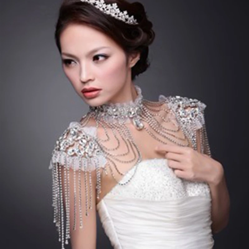 

Wedding Bridal Crystal Necklace Statement Tassel Shoulder Chain Layered Jewelry with Teardrop Rhinestone Earrings Set