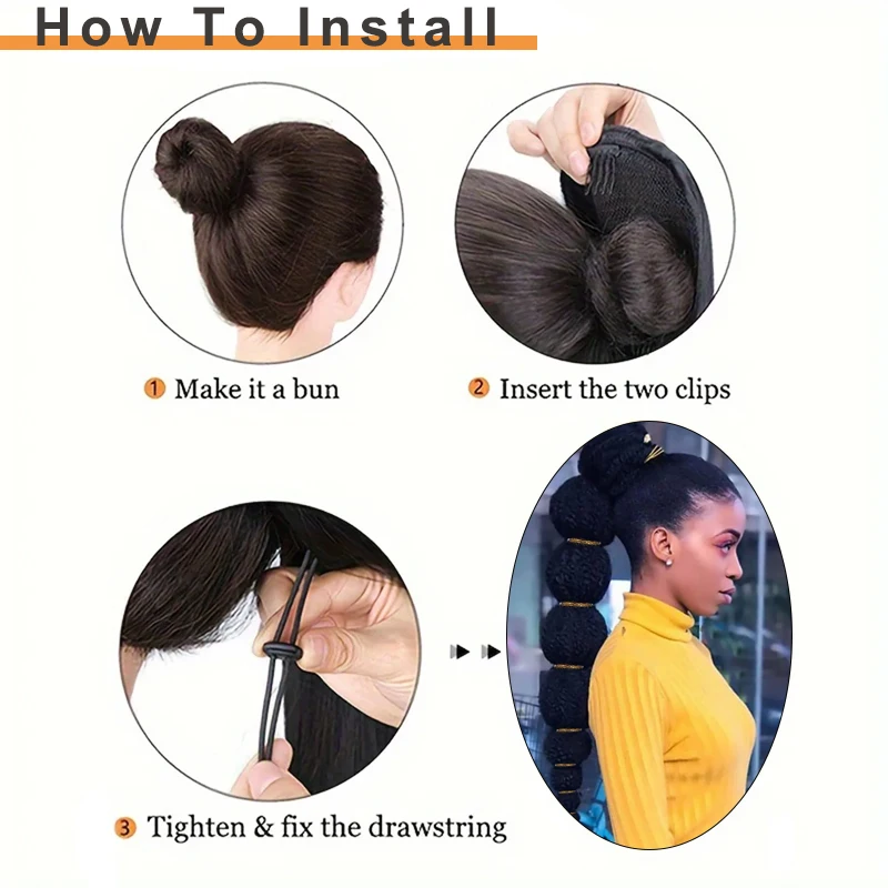 Twisted African Bubble tail Extended 22 inches Long Drawstring Ponytail, Natural Black Clip on Ponytail Suitable for Girls