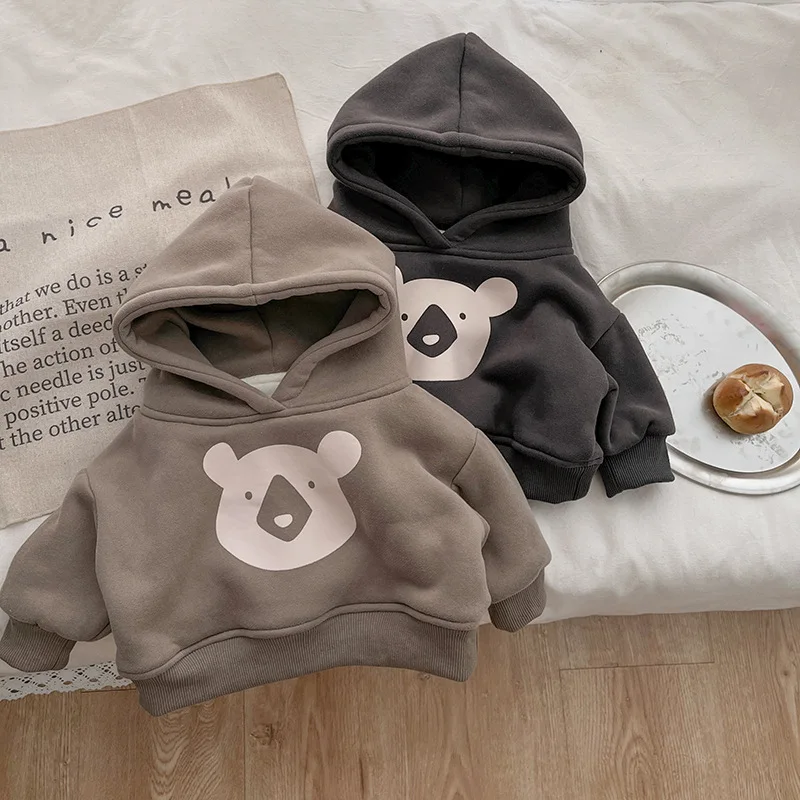 2024 Winter New Baby Fleece Hooded Sweatshirt Cotton Infant Casual Pullover Plus Velvet Thick Toddler Cartoon Bear Warm Hoodie