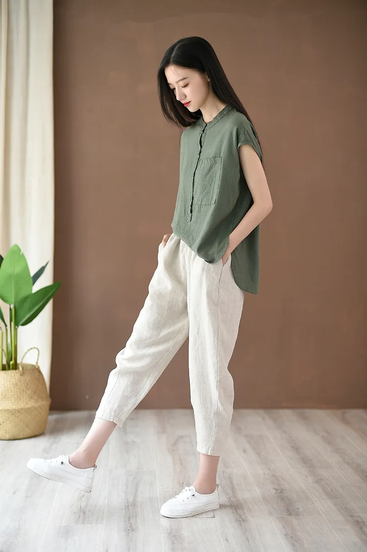 2022 New Style Loose Women Calf-length Pants Spring Summer Solid Cotton Linen Women Pants RV658 white capris
