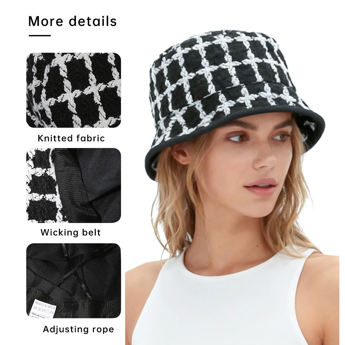Knitted Fisherman Hat for Women, 2025 Autumn and Winter Plaid Warm Ear-Protecting Fashionable and Elegant Mom Bucket Hat for Outdoor Camping