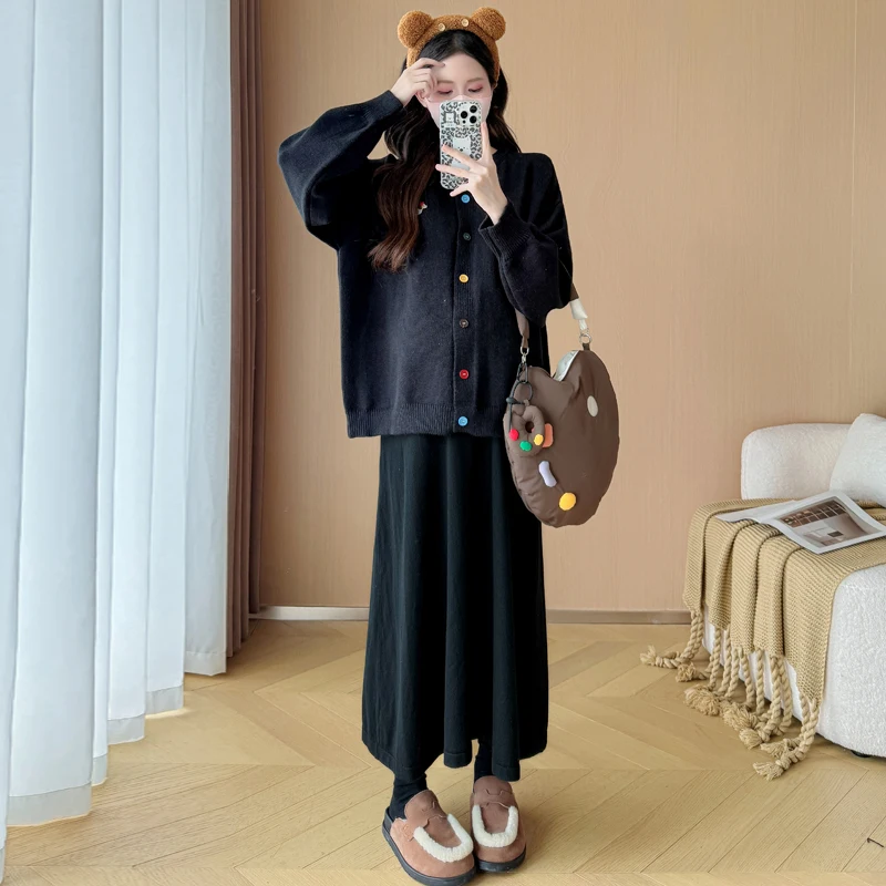 봄가을 임산부 니트 스웨터 세트 2026 신상 루즈핏 다용도 자수 강아지 오픈 가디건 미니스커트 투피스 세트