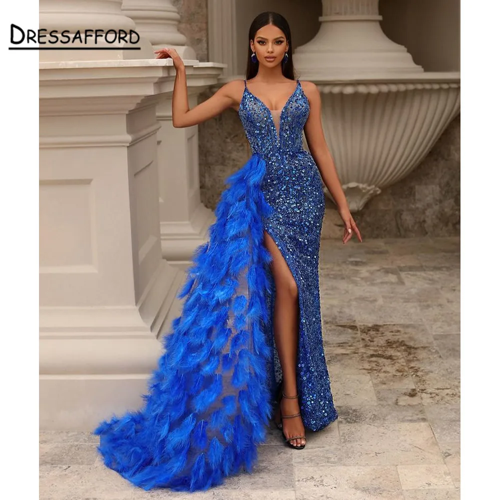 Sequins Evening Dresses Split  Prom Gowns 2022 Elegant Mermaid Beading Feathers For Women Party  blue prom dresses