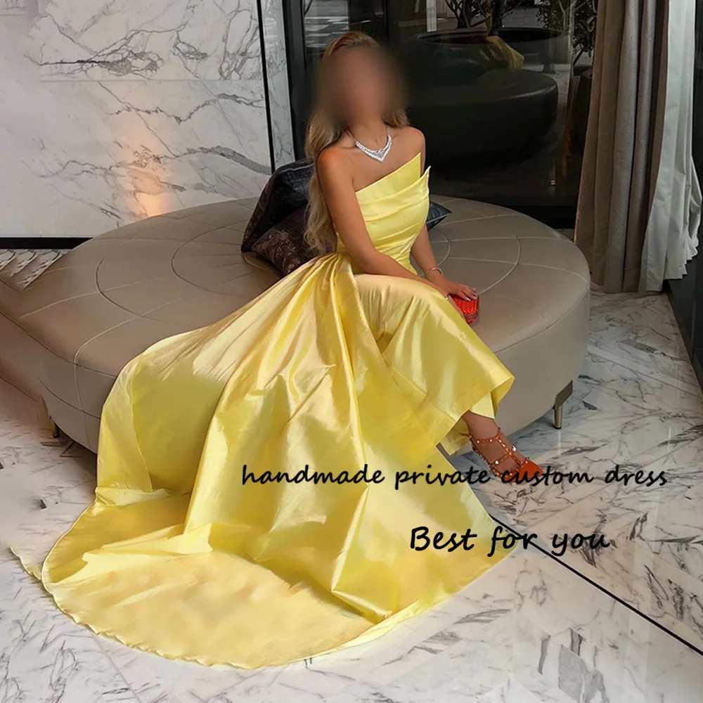 

Yellow Satin Strapless Evening Dresses Pleats Long Mermaid Formal Prom Dress with Train Dubai Arabia Celebrate Event Gowns