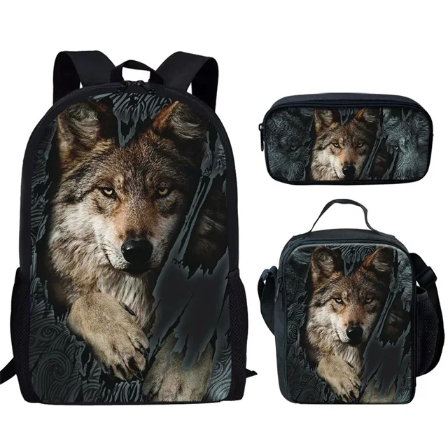 Classic Creative Moon Wolf Funny Moon Wolf 3D Print 3pcs/Set pupil School Bags Laptop Daypack Backpack Lunch bag Pencil Case