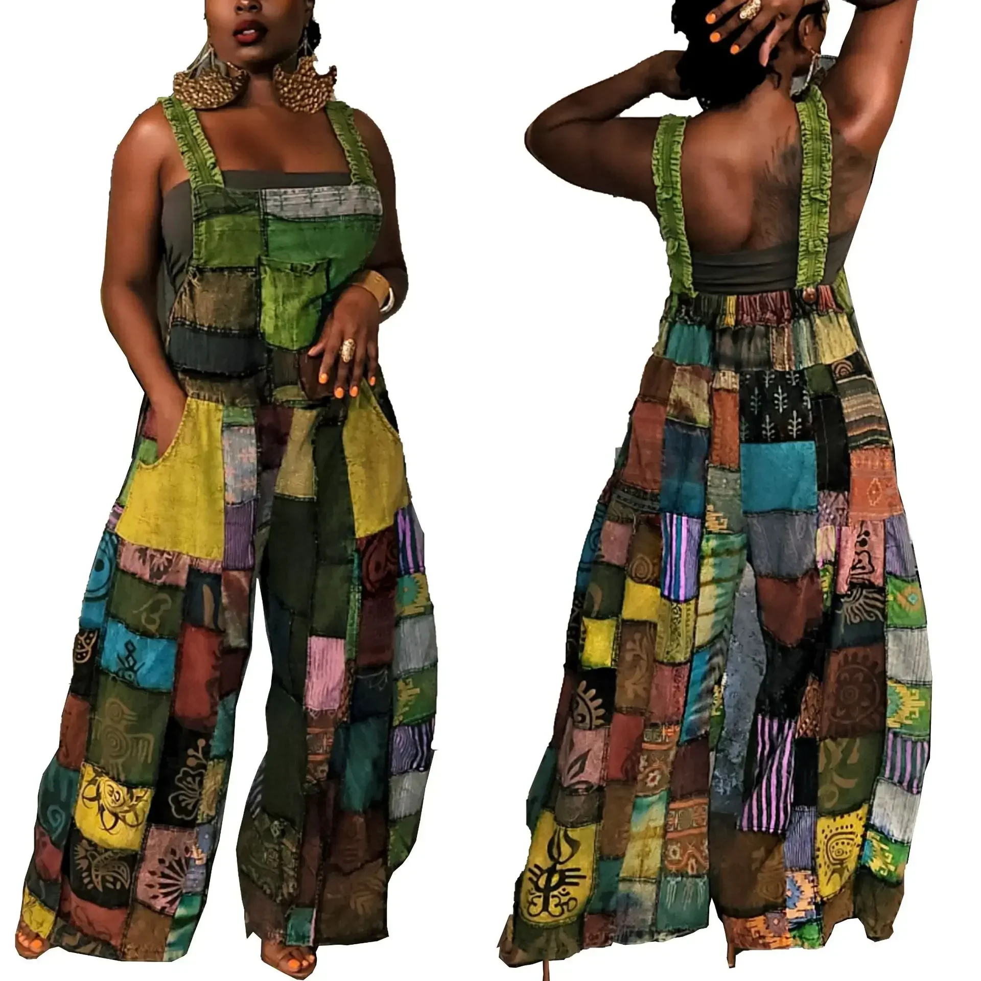 

2024 African Clothes for Women Fashion Sleeveless Polyester Green Purple Printing Long Jumpsuit Dashiki African Clothing Outfits