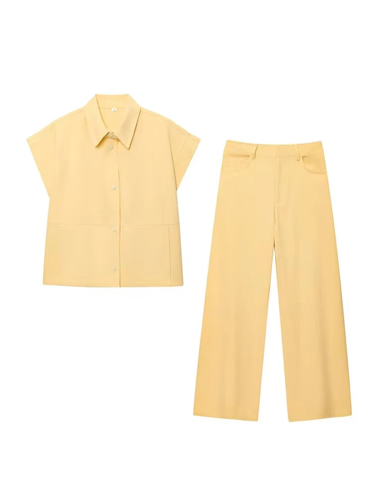 Street Fashion Vest Pants Sets Women Two Piece Lapel Short Sleeve Waistcoat Wide Leg Trousers 2025 Summer Casual Outfits