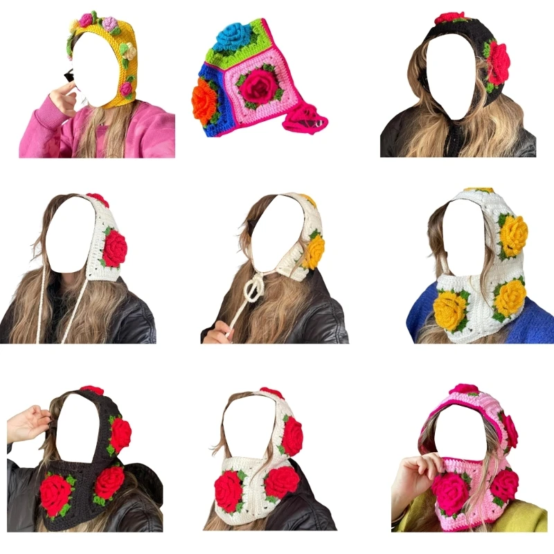 

Crochet Flower Balaclava Women Hooded Beanie Hooded Hat Scarf Floral Beanie Cap