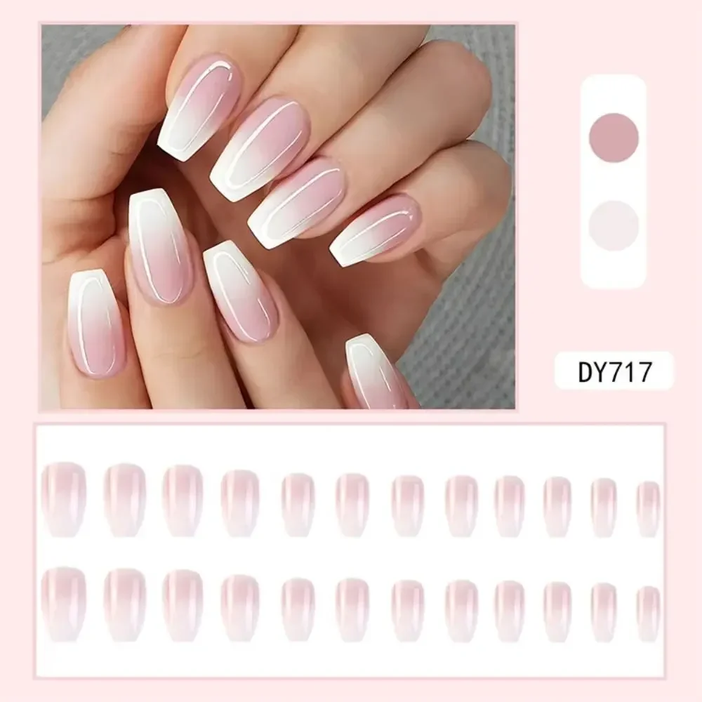 New Long Ballerina False Nails French Crystal Aurora Gradient Pink White Nail Tips Detachable Full Cover Fake Nails Women Girls