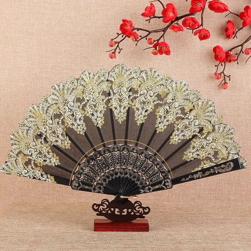Art Craft Gift Chinese Style Folding Fan Hand Gold Powder Plastic Fan Dance Wedding Party Folding Fan Gift Home Decor
