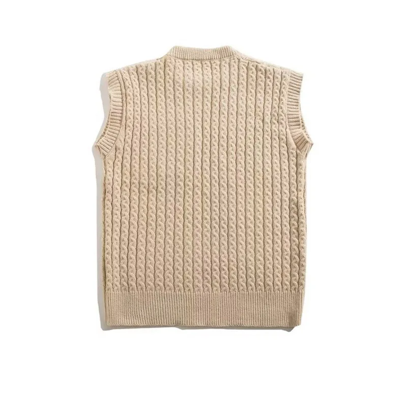 New Warm Sleeveless Knitted Sweater Korean Edition Men And Women's Thread Texture Academy Style Pullover Sweater Tank Top Khaki
