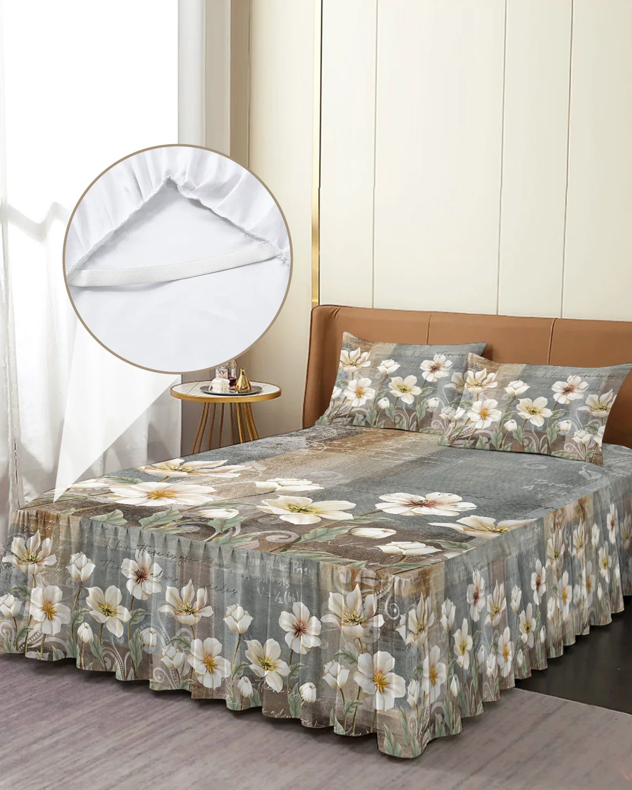 

Retro Plant White Flower Abstract Bed Skirt Elastic Fitted Bedspread With Pillowcases Mattress Cover Bedding Set Bed Sheet