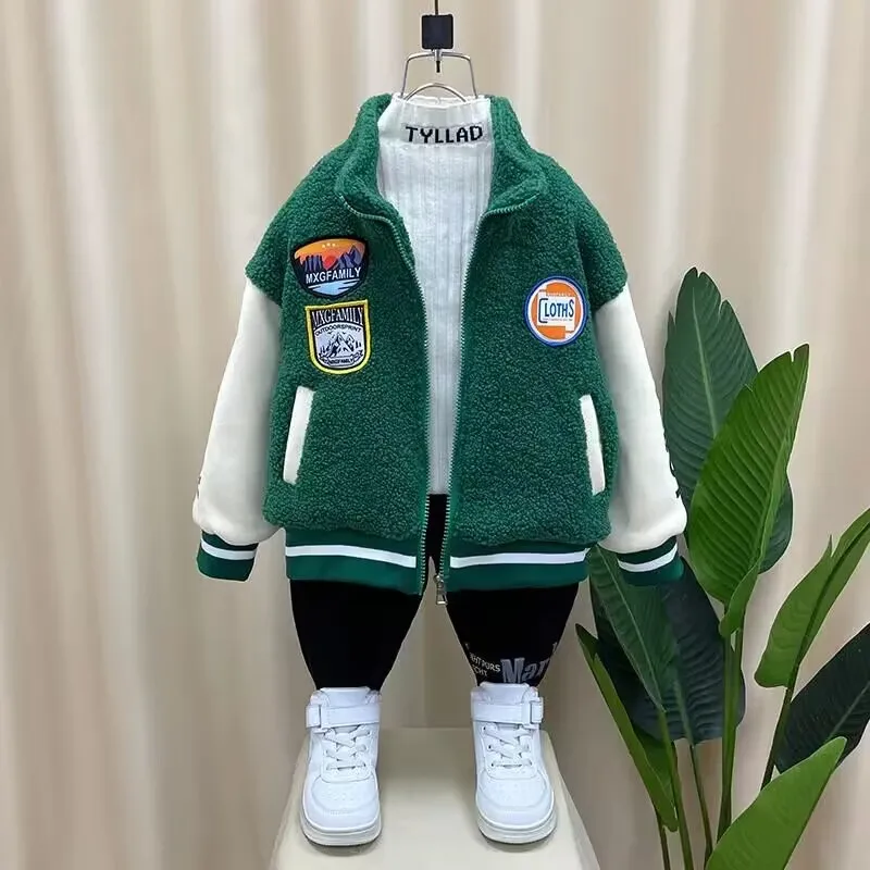 

Boys Winter Coat Spring and Autumn New Children's Handsome Cotton Jacket Baseball Jersey Baby Thickened Lamb Wool Top