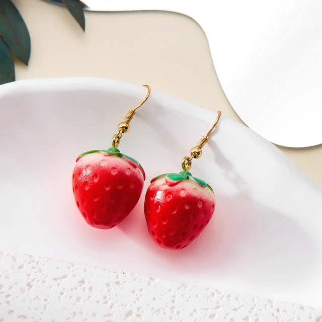 Boucles D'Oreilles Fraise Rouge - Alliage Et Résine - Cadeau Mignon Pour Femme