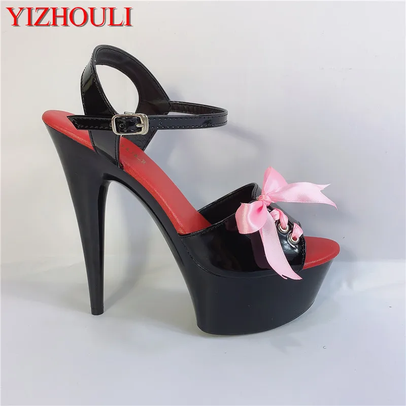 

6 inch custom patent leather shoes, summer stiletto heel sandals, 15cm bow ornament, party dress dance shoes