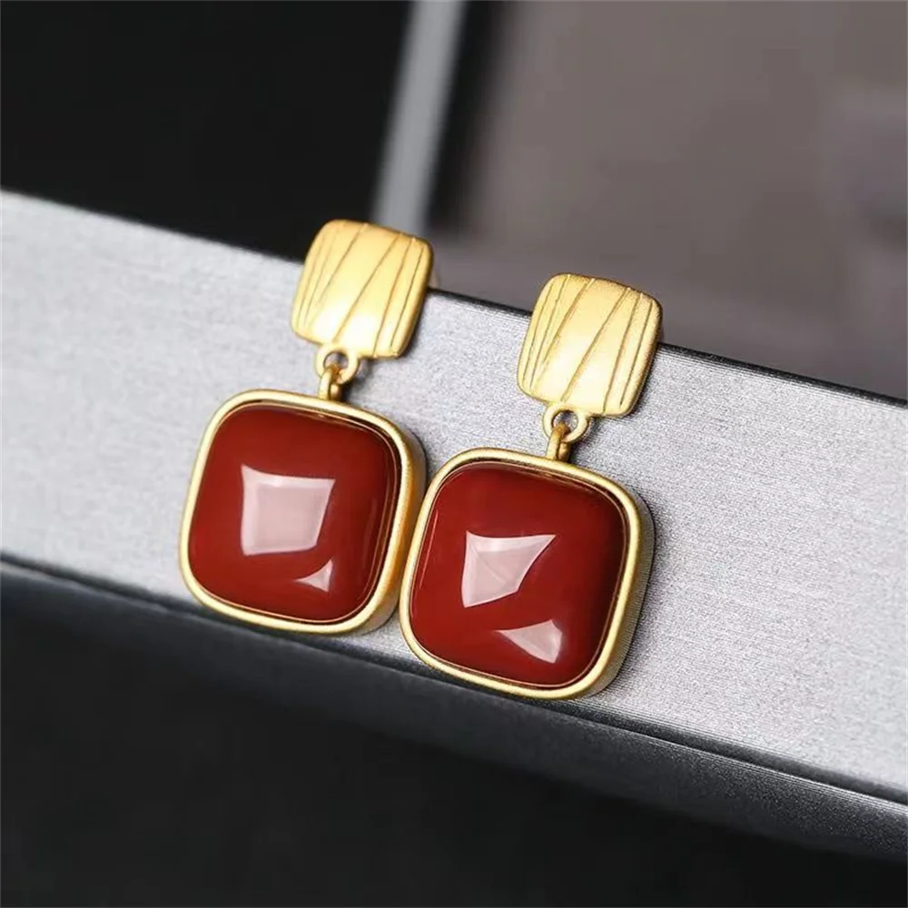 S925 Sterling Silver Gold Plated South Red Agate Personality Temperament Geometric Shape Earrings For Wom