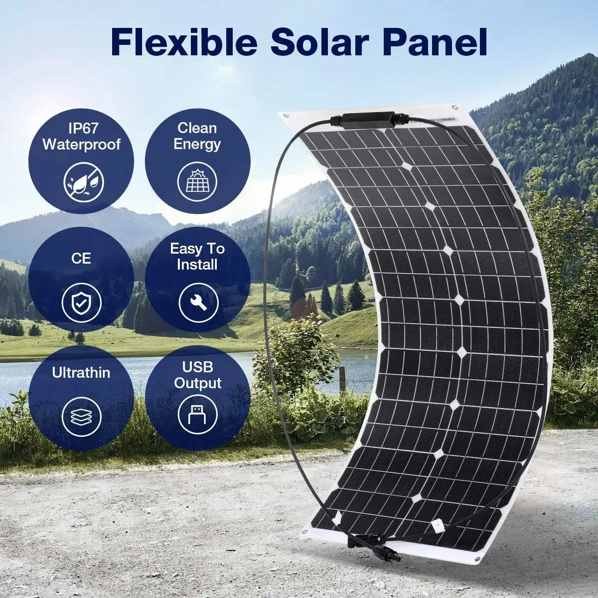 Pannello Solare Da 104Cm 18V Cella Solare Monocristallina Flessibile Cavo Fai Da Te Impermeabile Sistema Di Alimentazione Ricaricabile Per Camper Per 